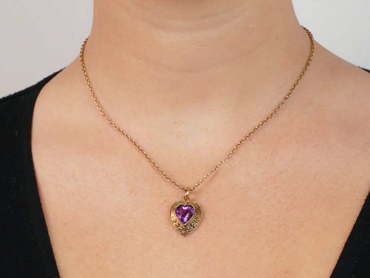Edwardian 15ct Gold & Amethyst Heart Shaped Pendant