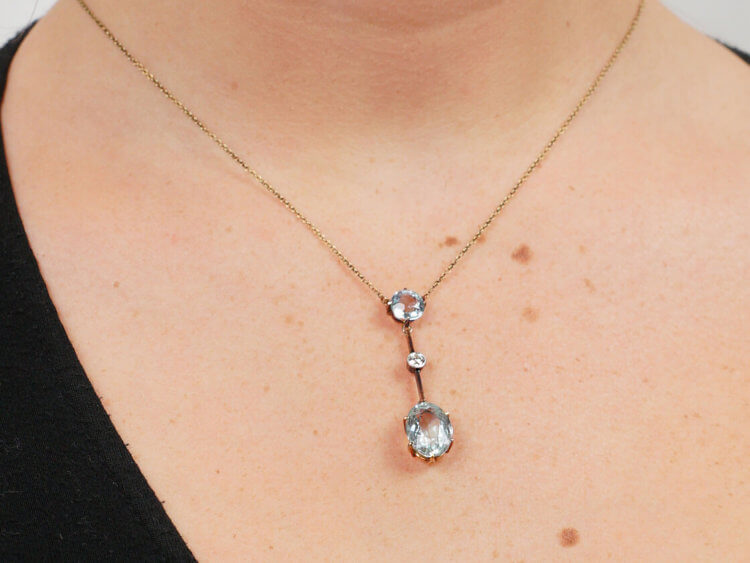 Art Deco 15ct Gold & Platinum, Two Stone Aquamarine & Diamond Drop Pendant on 15ct Gold Chain