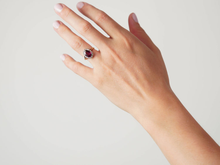Edwardian 18ct Gold, Diamond & Large Oval Garnet Ring
