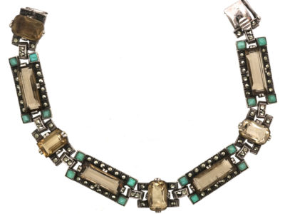 Art Deco Silver, Marcasite, Smokey Quartz & Amazonite Bracelet by Theodor Fahrner