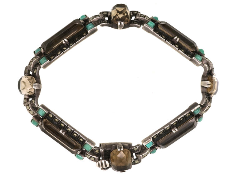 Art Deco Silver, Marcasite, Smokey Quartz & Amazonite Bracelet by Theodor Fahrner