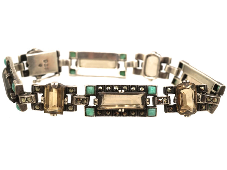Art Deco Silver, Marcasite, Smokey Quartz & Amazonite Bracelet by Theodor Fahrner