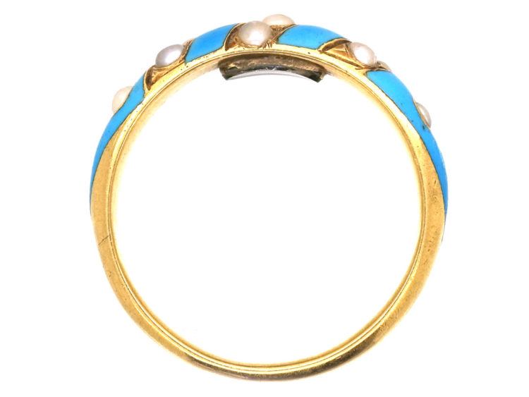 Regency 15ct Gold, Enamel & Natural Split Pearl Ring with Locket on Reverse