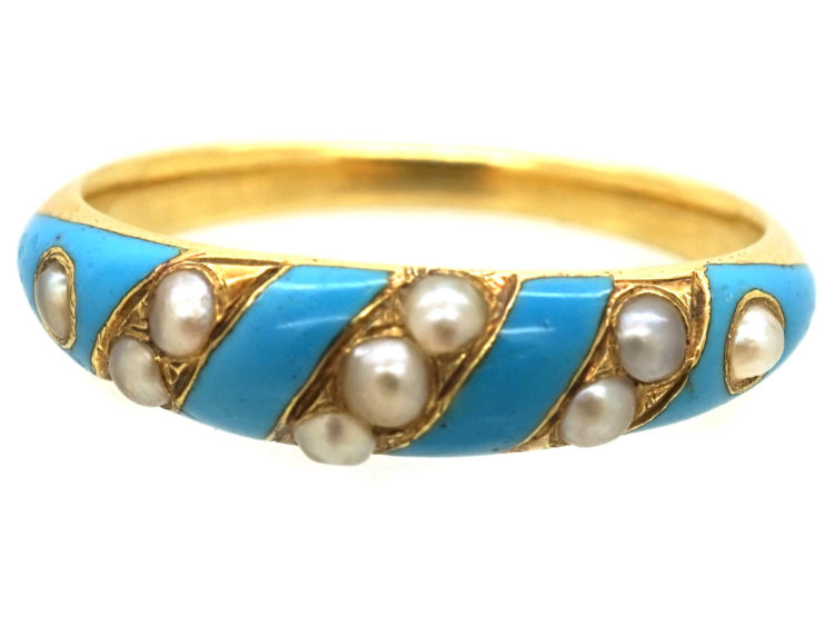 Regency 15ct Gold, Enamel & Natural Split Pearl Ring with Locket on Reverse