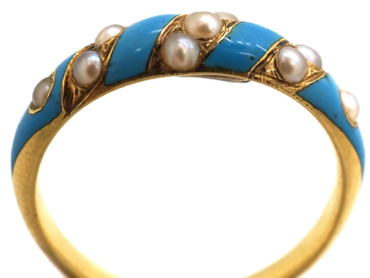 Regency 15ct Gold, Enamel & Natural Split Pearl Ring with Locket on Reverse