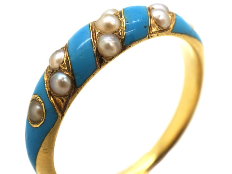 Regency 15ct Gold, Enamel & Natural Split Pearl Ring with Locket on Reverse