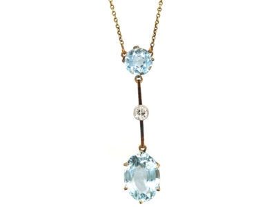 Art Deco 15ct Gold & Platinum, Two Stone Aquamarine & Diamond Drop Pendant on 15ct Gold Chain