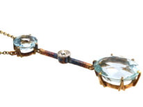 Art Deco 15ct Gold & Platinum, Two Stone Aquamarine & Diamond Drop Pendant on 15ct Gold Chain