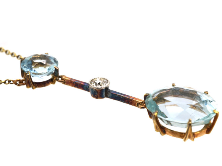 Art Deco 15ct Gold & Platinum, Two Stone Aquamarine & Diamond Drop Pendant on 15ct Gold Chain