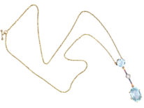 Art Deco 15ct Gold & Platinum, Two Stone Aquamarine & Diamond Drop Pendant on 15ct Gold Chain