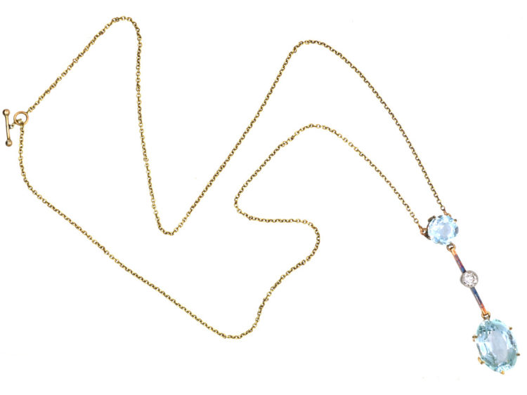 Art Deco 15ct Gold & Platinum, Two Stone Aquamarine & Diamond Drop Pendant on 15ct Gold Chain