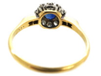 Edwardian 18ct Gold & Platinum, Sapphire & Diamond Cluster Ring with Diamond Set Shoulders