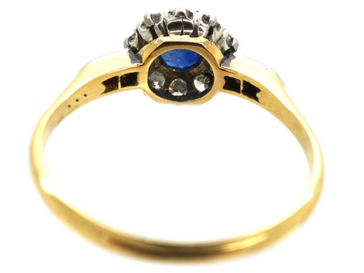 Edwardian 18ct Gold & Platinum, Sapphire & Diamond Cluster Ring with Diamond Set Shoulders
