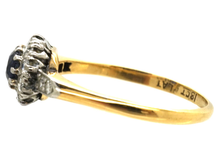 Edwardian 18ct Gold & Platinum, Sapphire & Diamond Cluster Ring with Diamond Set Shoulders