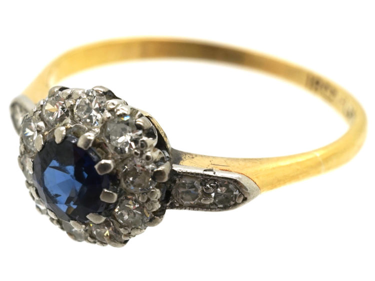 Edwardian 18ct Gold & Platinum, Sapphire & Diamond Cluster Ring with Diamond Set Shoulders