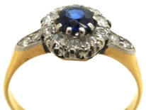 Edwardian 18ct Gold & Platinum, Sapphire & Diamond Cluster Ring with Diamond Set Shoulders