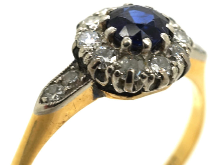 Edwardian 18ct Gold & Platinum, Sapphire & Diamond Cluster Ring with Diamond Set Shoulders