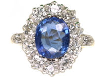 18ct Gold Large Sapphire & Diamond Cluster Ring with Diamond Set Shoulders