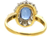 18ct Gold Large Sapphire & Diamond Cluster Ring with Diamond Set Shoulders