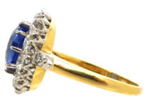 18ct Gold Large Sapphire & Diamond Cluster Ring with Diamond Set Shoulders