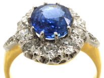 18ct Gold Large Sapphire & Diamond Cluster Ring with Diamond Set Shoulders
