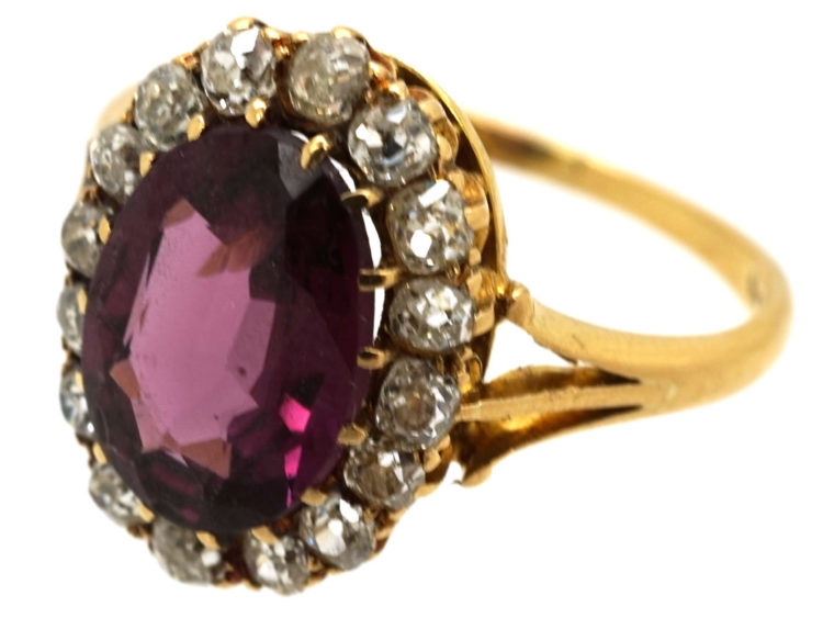 Edwardian 18ct Gold, Diamond & Large Oval Garnet Ring