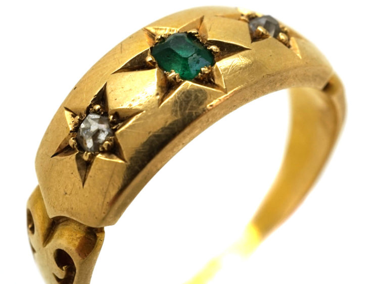 Victorian 18ct Gold, Emerald & Diamond Gypsy Ring