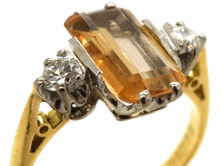 18ct Gold, Rectangular Topaz & Diamond Ring