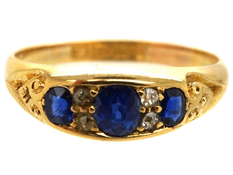 Victorian 18ct Gold, Three Stone Sapphire & Diamond Ring