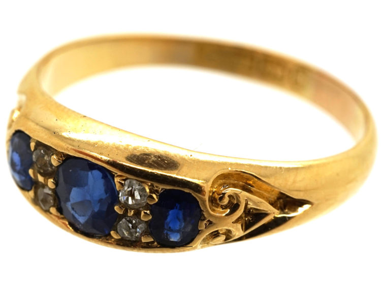 Victorian 18ct Gold, Three Stone Sapphire & Diamond Ring