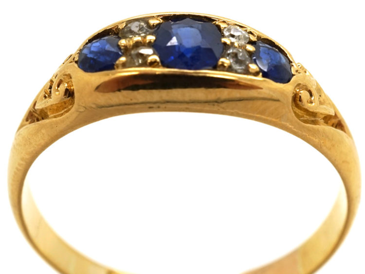 Victorian 18ct Gold, Three Stone Sapphire & Diamond Ring
