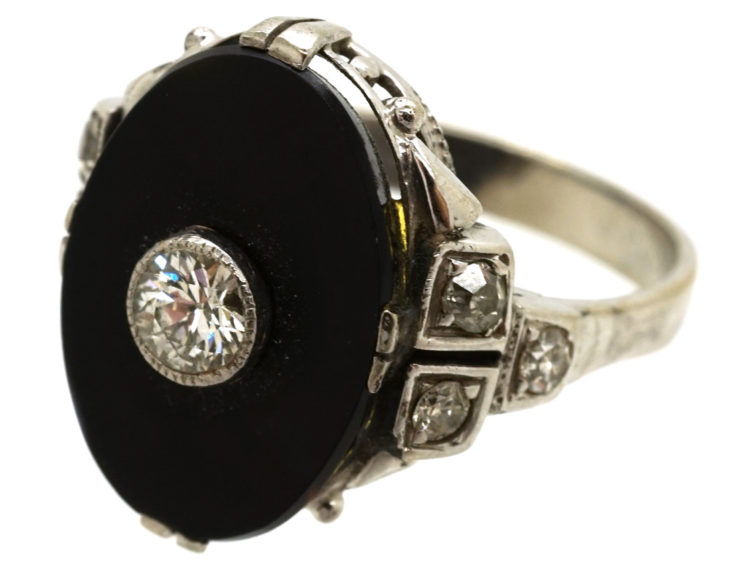 Art Deco 18ct Gold & Platinum, Onyx & Diamond Ring