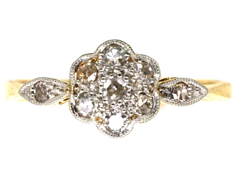 Edwardian 18ct Gold & Platinum, Diamond Cluster Ring with Diamond Set Shoulders