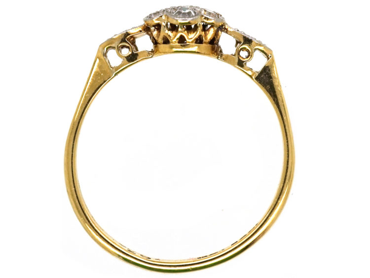 Edwardian 18ct Gold & Platinum, Diamond Cluster Ring with Diamond Set Shoulders