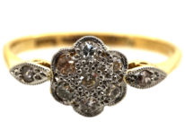 Edwardian 18ct Gold & Platinum, Diamond Cluster Ring with Diamond Set Shoulders