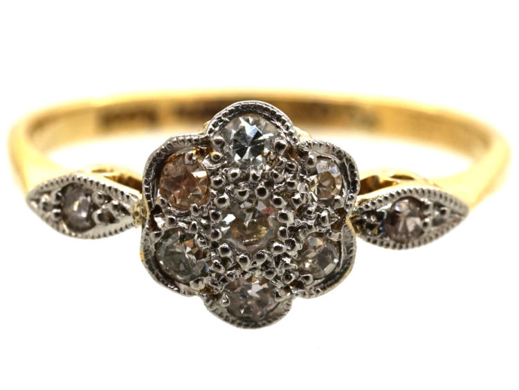 Edwardian 18ct Gold & Platinum, Diamond Cluster Ring with Diamond Set Shoulders