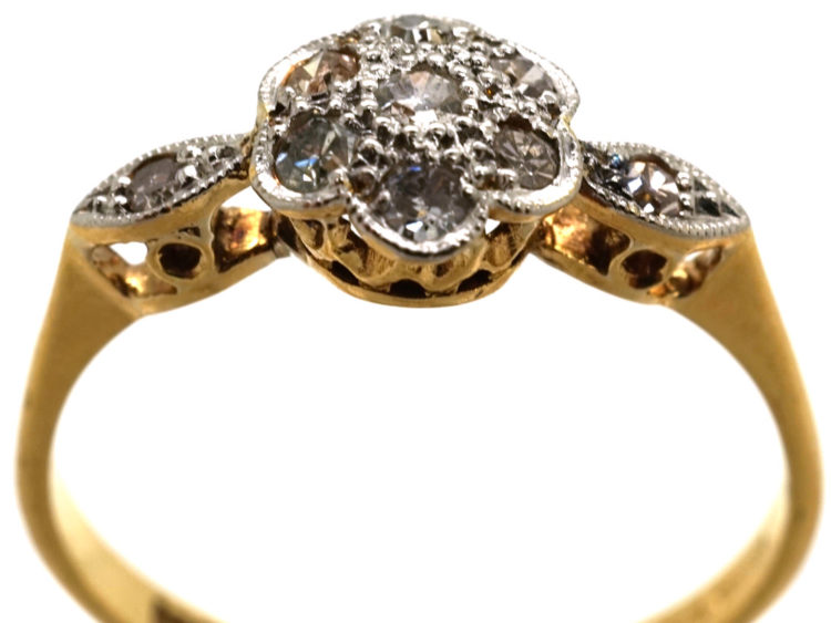 Edwardian 18ct Gold & Platinum, Diamond Cluster Ring with Diamond Set Shoulders