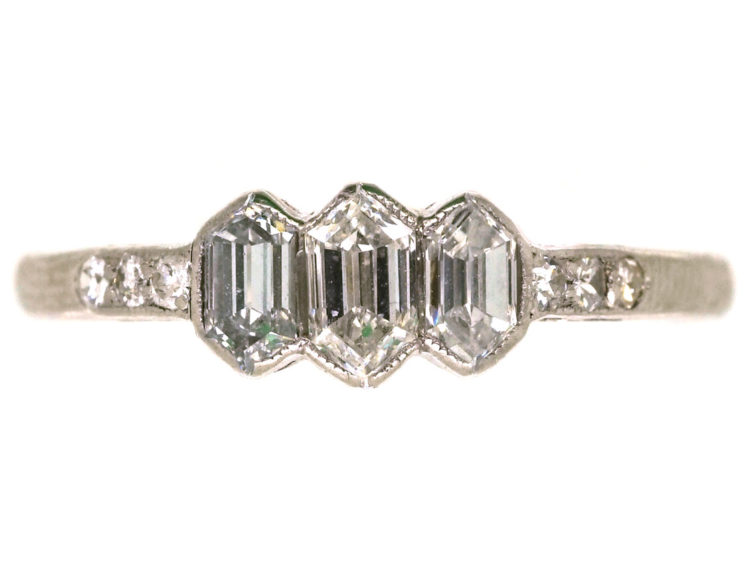 Art Deco 18ct White Gold & Platinum Three Stone Diamond Ring with Diamond Set Shoulders