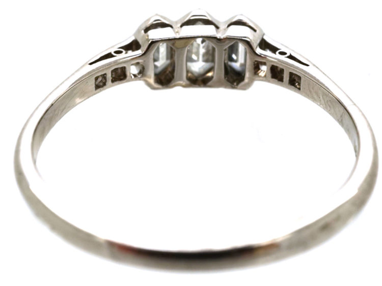 Art Deco 18ct White Gold & Platinum Three Stone Diamond Ring with Diamond Set Shoulders