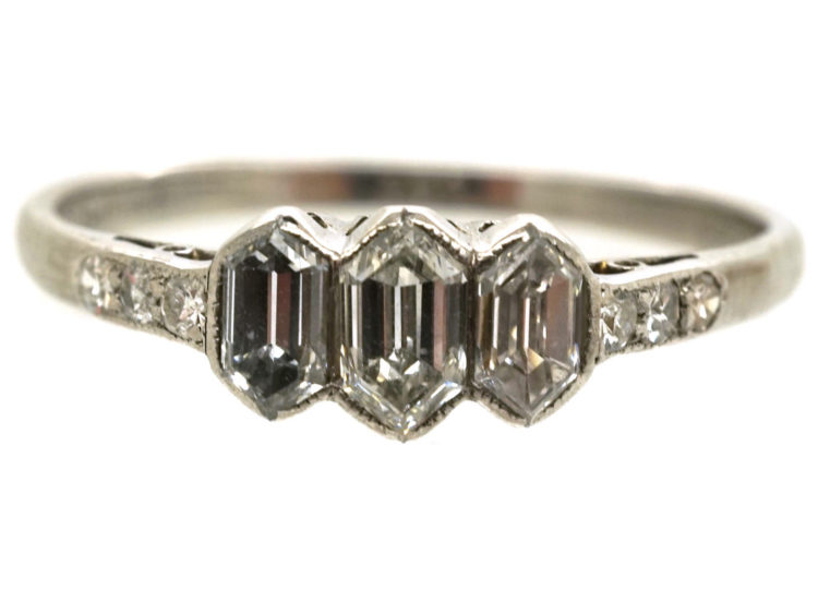 Art Deco 18ct White Gold & Platinum Three Stone Diamond Ring with Diamond Set Shoulders