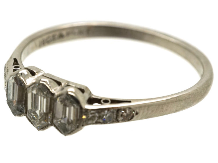 Art Deco 18ct White Gold & Platinum Three Stone Diamond Ring with Diamond Set Shoulders