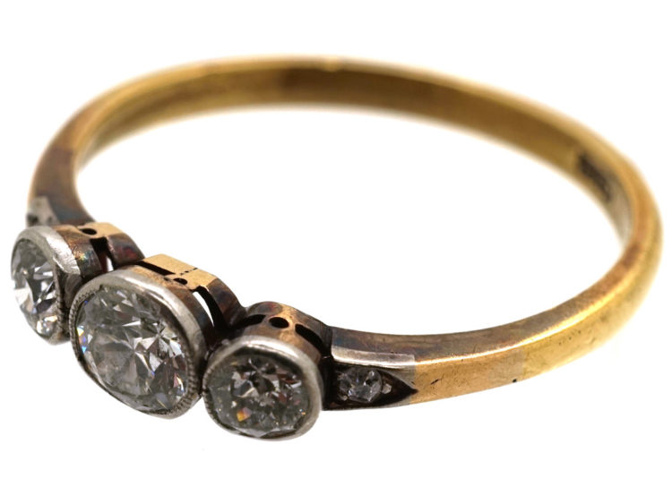 Edwardian 18ct Gold & Platinum, Three Stone Diamond Ring with Diamond Set Shoulders