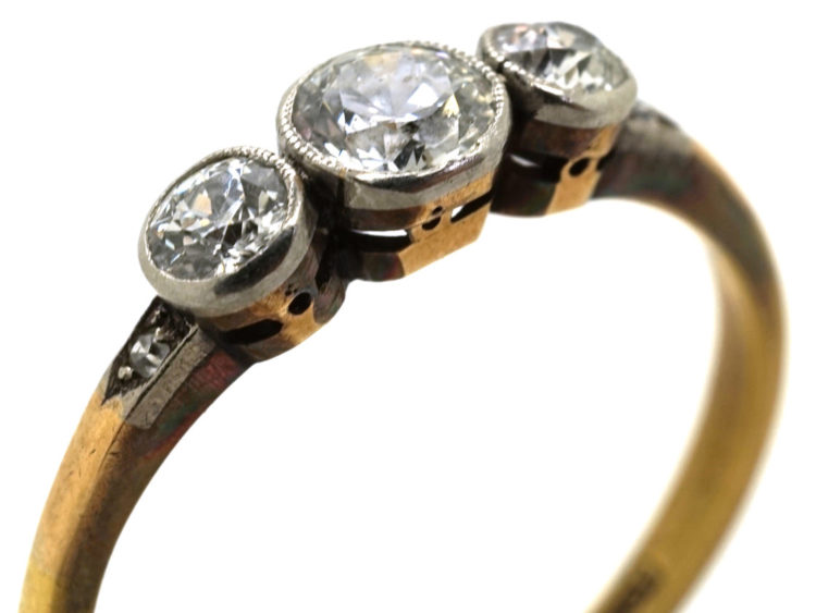 Edwardian 18ct Gold & Platinum, Three Stone Diamond Ring with Diamond Set Shoulders