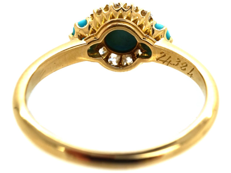 Edwardian 18ct Gold, Three Stone Turquoise & Diamond Ring