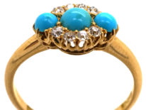 Edwardian 18ct Gold, Three Stone Turquoise & Diamond Ring