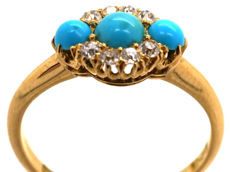 Edwardian 18ct Gold, Three Stone Turquoise & Diamond Ring