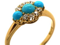 Edwardian 18ct Gold, Three Stone Turquoise & Diamond Ring
