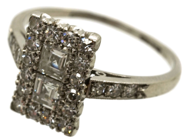 Art Deco Platinum & Diamond Rectangular Ring with Diamond Set Shoulders