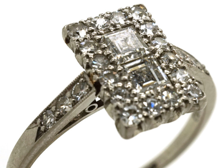 Art Deco Platinum & Diamond Rectangular Ring with Diamond Set Shoulders