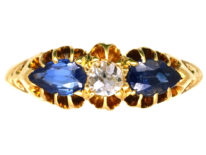 Edwardian 18ct Gold, Pear Shaped Sapphires & Diamond Ring